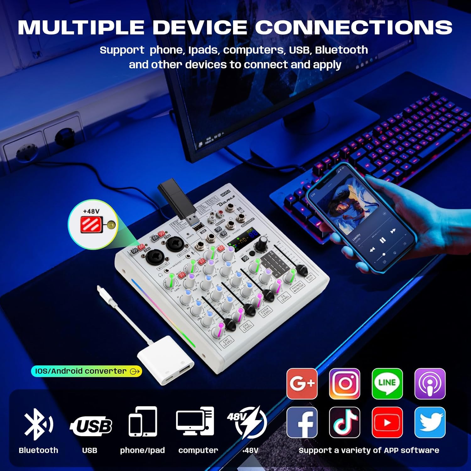 Bolanle 4-channel Mixer Professional Audio Mixer with Built-in Sound Card and Recording Function, USB Audio Interface/Bluetooth, Suitable for Podcasting, Karaoke, Studio