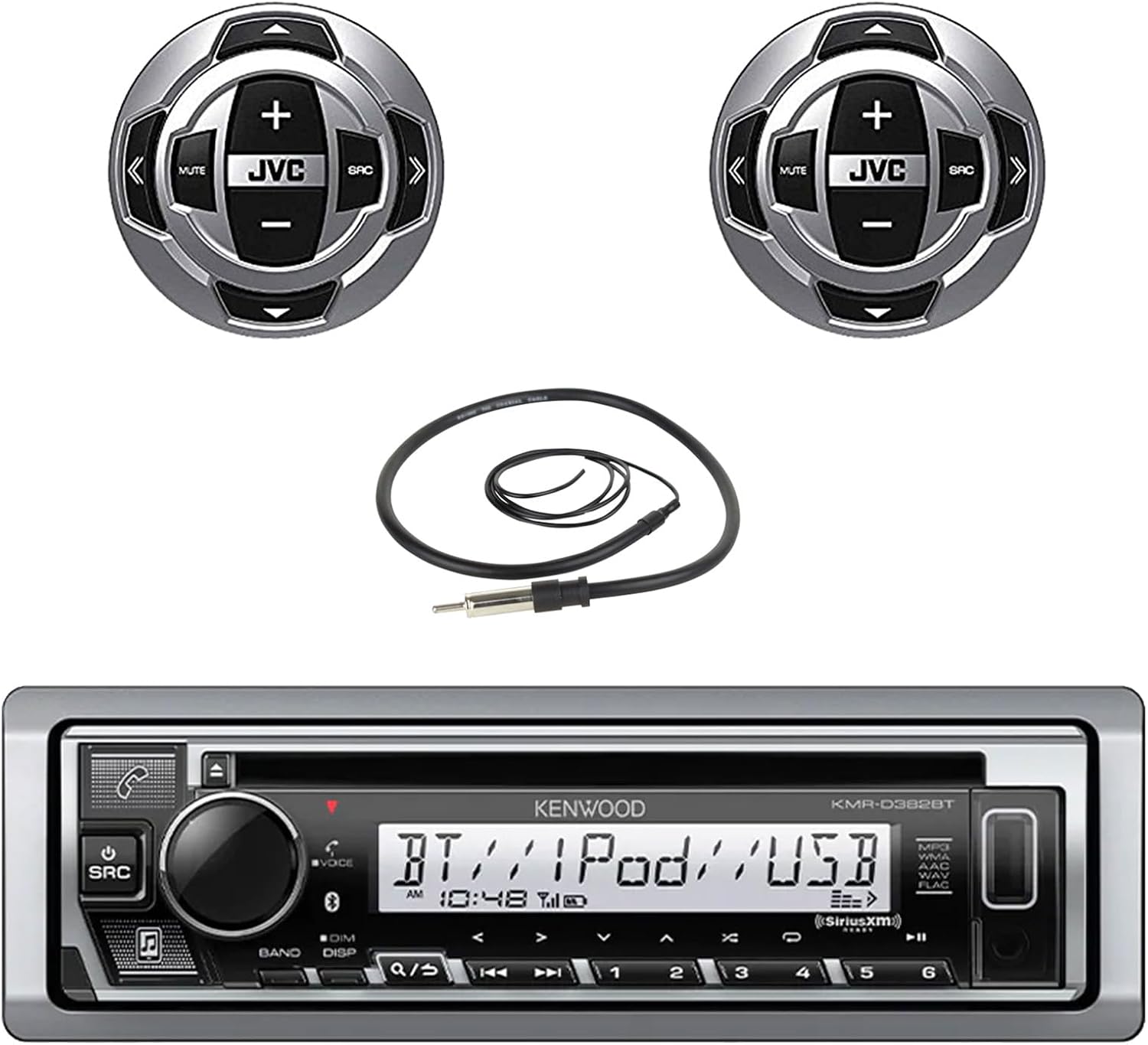 Kenwood Marine Motorsports Boat Yacht in-Dash Single DIN CD Bluetooth UBS AUX Receiver Bundle Combo with 2X Wired Remote, 22