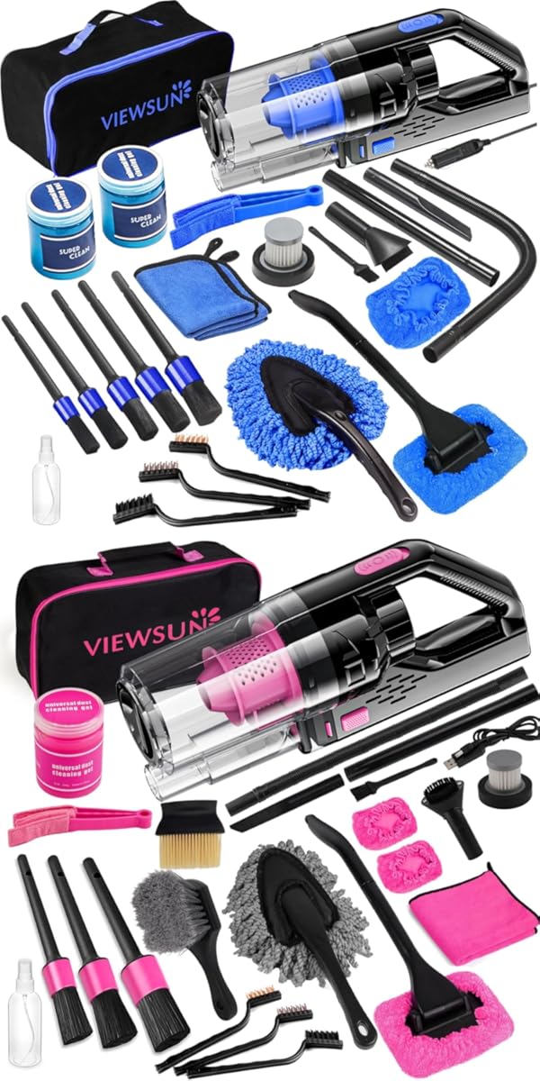 Viewsun Car Cleaning Kit, Car Interior Detailing Kit with High Power Handheld Vacuum, Detailing Brush Set, Windshield Cleaner, Cleaning Gel, Complete Auto Accessories for Men, Women