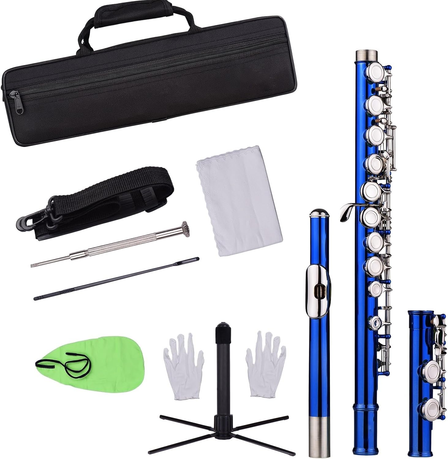 Flute Closed Cell C Flute 16 Key Cupronickel Nickel Plated Wind Instrument with Carrying Case Flute Gloves Flutes Musical Instruments (Color : Dark Blue)