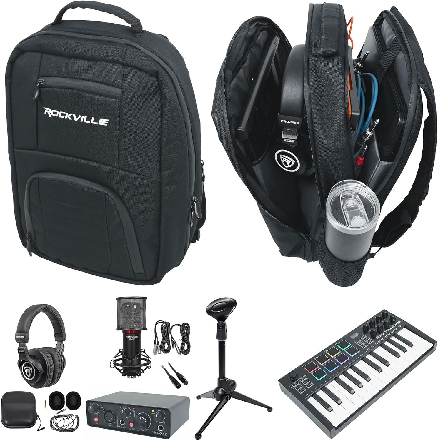 Rockville Bundle: M25 BLACK 25 Key USB Wireless MIDI Controller Bundle with R-TRACK Audio Interface+PRO-M50 Headphones+DJBP24 Backpack+RDTS Stand+RCXFM6P-B Cable+RCM SR Microphone (7 Items)