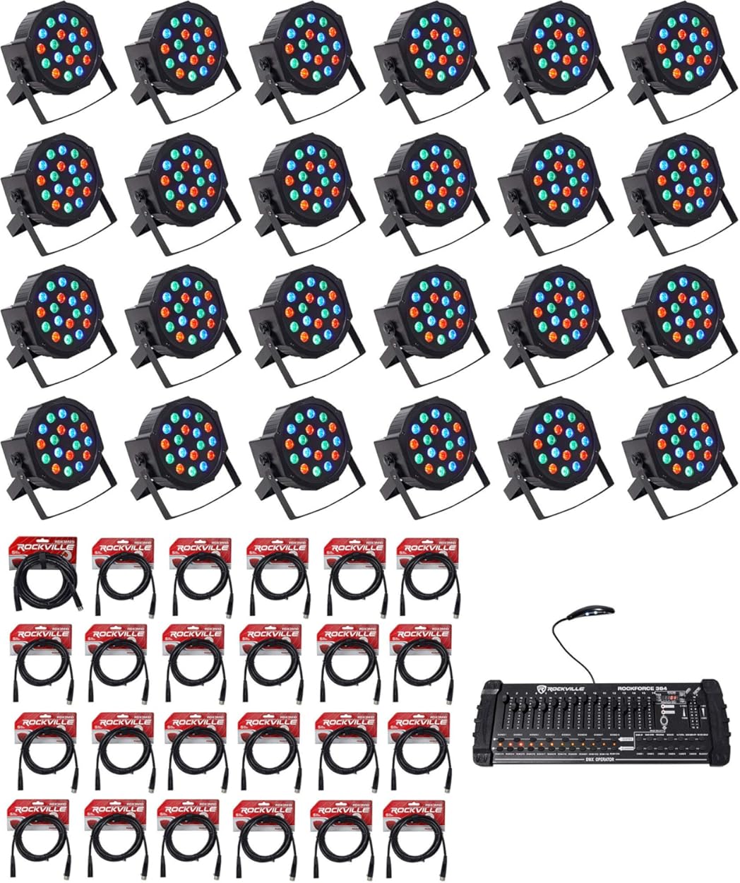 (24) Rockville LED RGB Par Can Wash Light + Dual Bracket Bundle: (1) Lighting Controller + MIDI Control, (1) 25ft 3 Pin DMX Lighting Cable, (23) 10ft 3 Pin DMX Lighting Cables (49 Items)