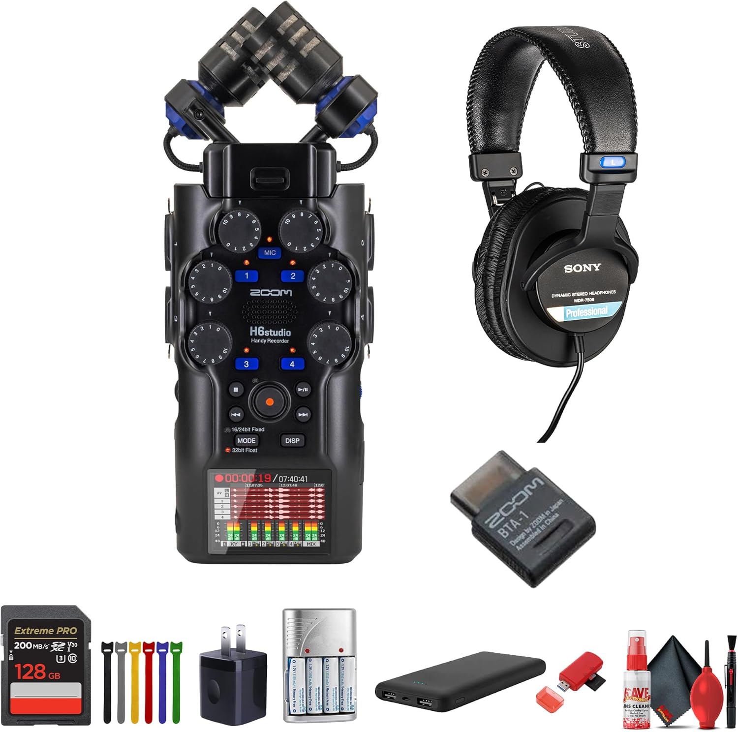 Zoom H6studio Handy Recorder, 6-Track Portable Audio Recorder with 32-Bit Float, Large X/Y Microphones Bundle with BTA-1 Bluetooth Adapter + MDR-7506 Professional Stereo Headphones + More