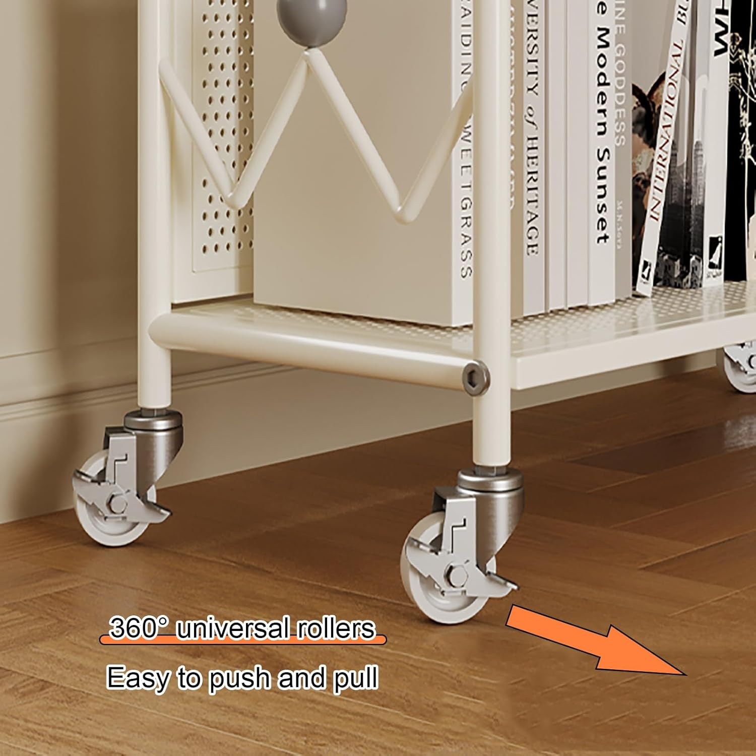 Metal Bookshelf with 360°Rotation Wheels, Creative Library Cart, Floor Standing Bookcase, Open Vertical Iron Art Storage Display Rack for Home Office Living Room(Black,114cm/44.9in)