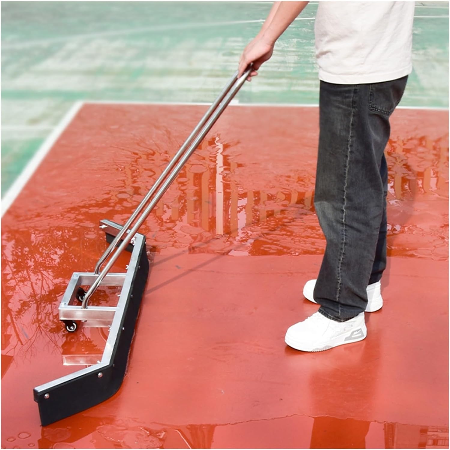 LZMZMQ Tennis Court Squeegee Sweeper W/Replacement Foam Blade, 4.4ft Wide Floor Water Remover Squeegee Broom for Wood Concrete Tile Floor, Stainless Steel Rain Shuttle Cart