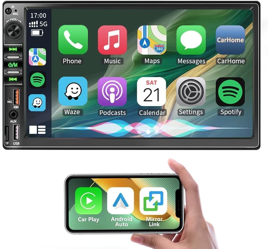 7 Inch Double Din Car Stereo for Wireless Carplay & Android Auto, Car Audio with 1024 * 600 HD Touch Screen ， Mirror Link, Bluetooth5.2,2USB/AUX/TF,AM/FM Radio