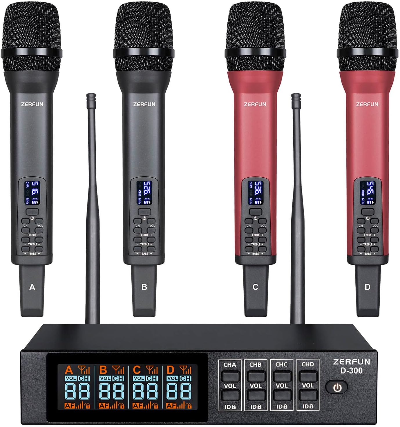 Rechargeable Wireless Microphone System 4 Channel Pro, UHF Handheld Cordless Mics with VOL Echo Treble BASS Control, LCD Display, Frequency Lock, XLR, 1/4, 1/8 Output, D-300, Grey&Red