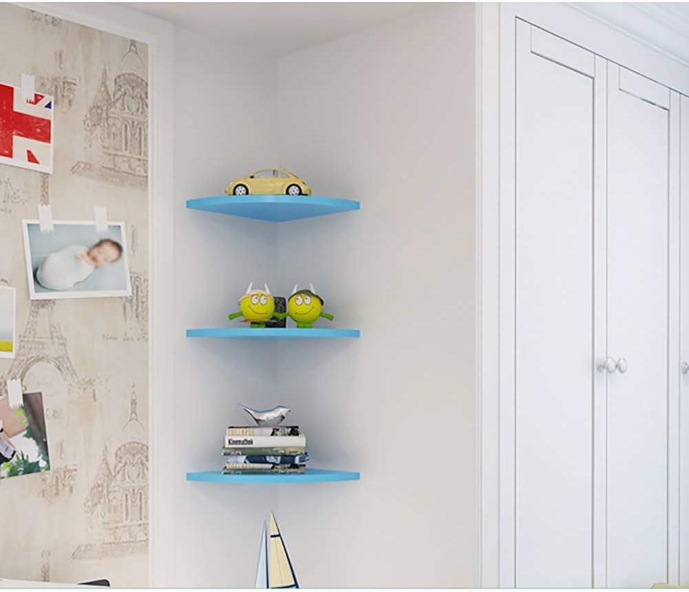 Wall Mount Corner Shelf Wood, Set of 3 No Drilling Wall Shelf Hanging Corner Shelves Floating Shelves for Books Office-Blue 25cm(10inch) (Blue 25cm(10inch))