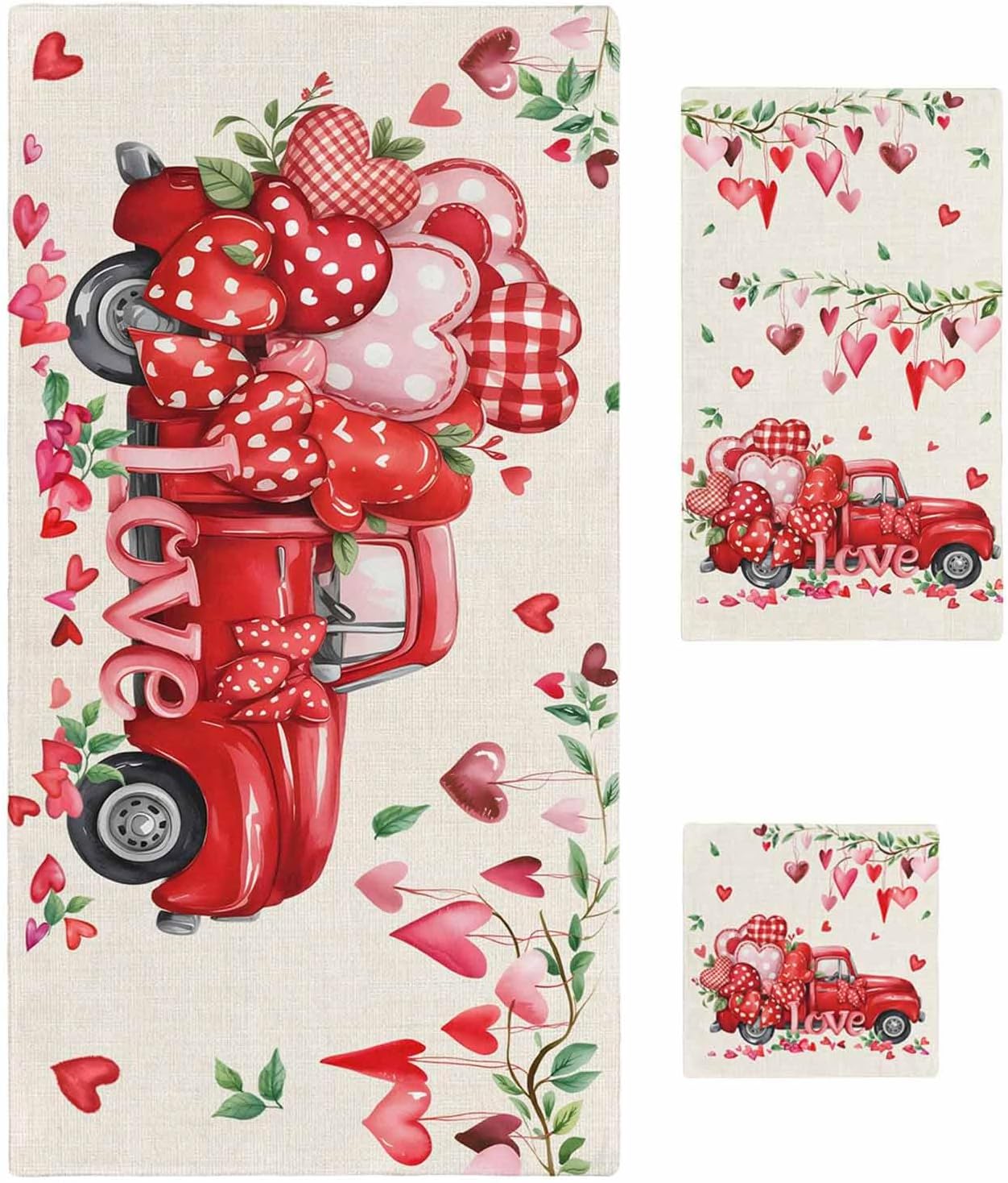 Valentine's Day Bath Towels Set of 3 for Bathroom,Soft Absorbent Shower Beach Hand Face Hair Yoga Workout Gym Towel Dish Wahcloth,Red Love Hearts Car Romantic Burlap Quick Dry Kitchen Bath Towels+Set