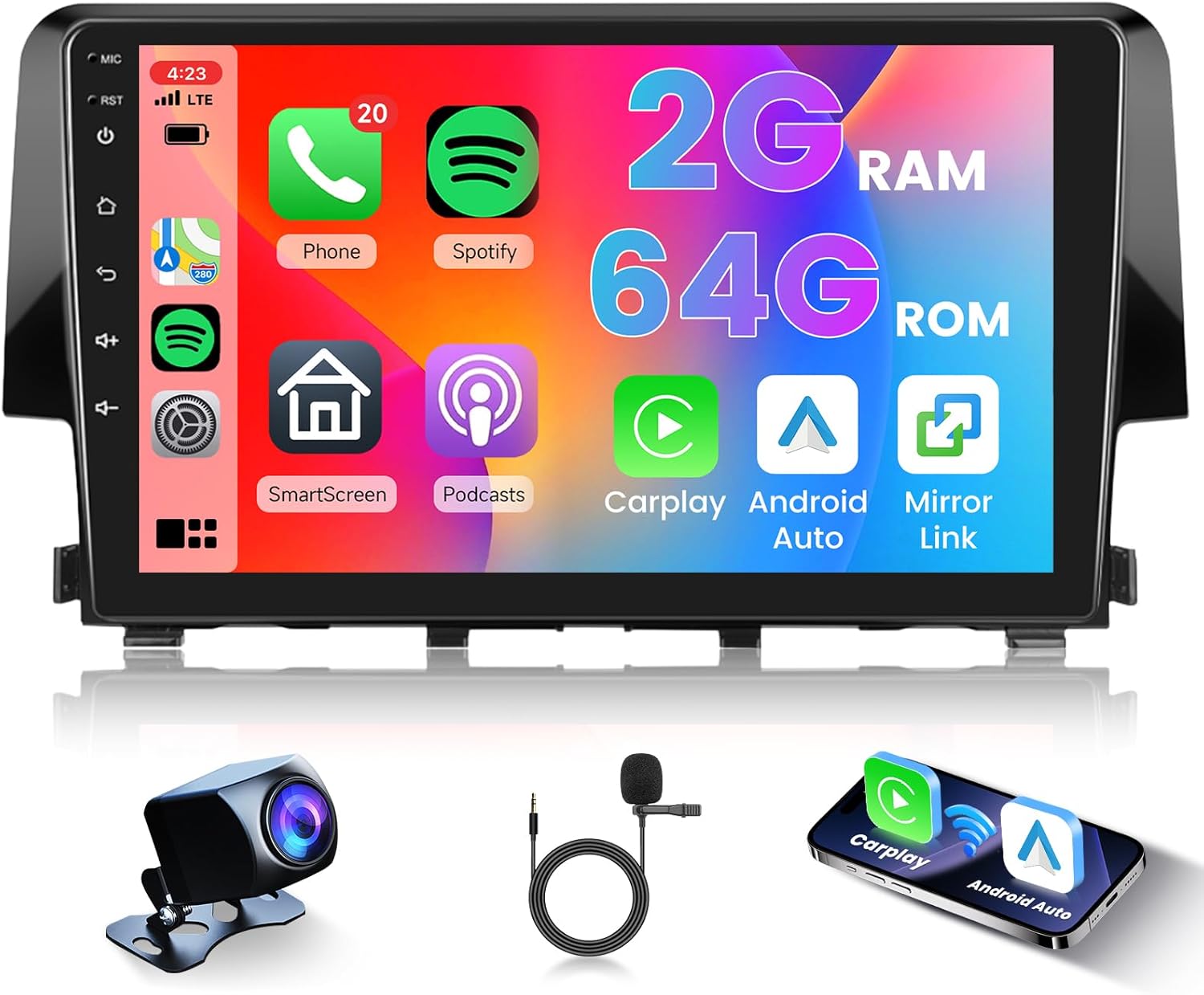 [2G+64G] Car Radio for Honda Civic 2016-2021 Android Car Stereo Carplay Wireless Android Auto, Hodozzy 9 inch Touch Screen with GPS/WiFi/Bluetooth, FM RDS, Mirror Link,Backup Camera