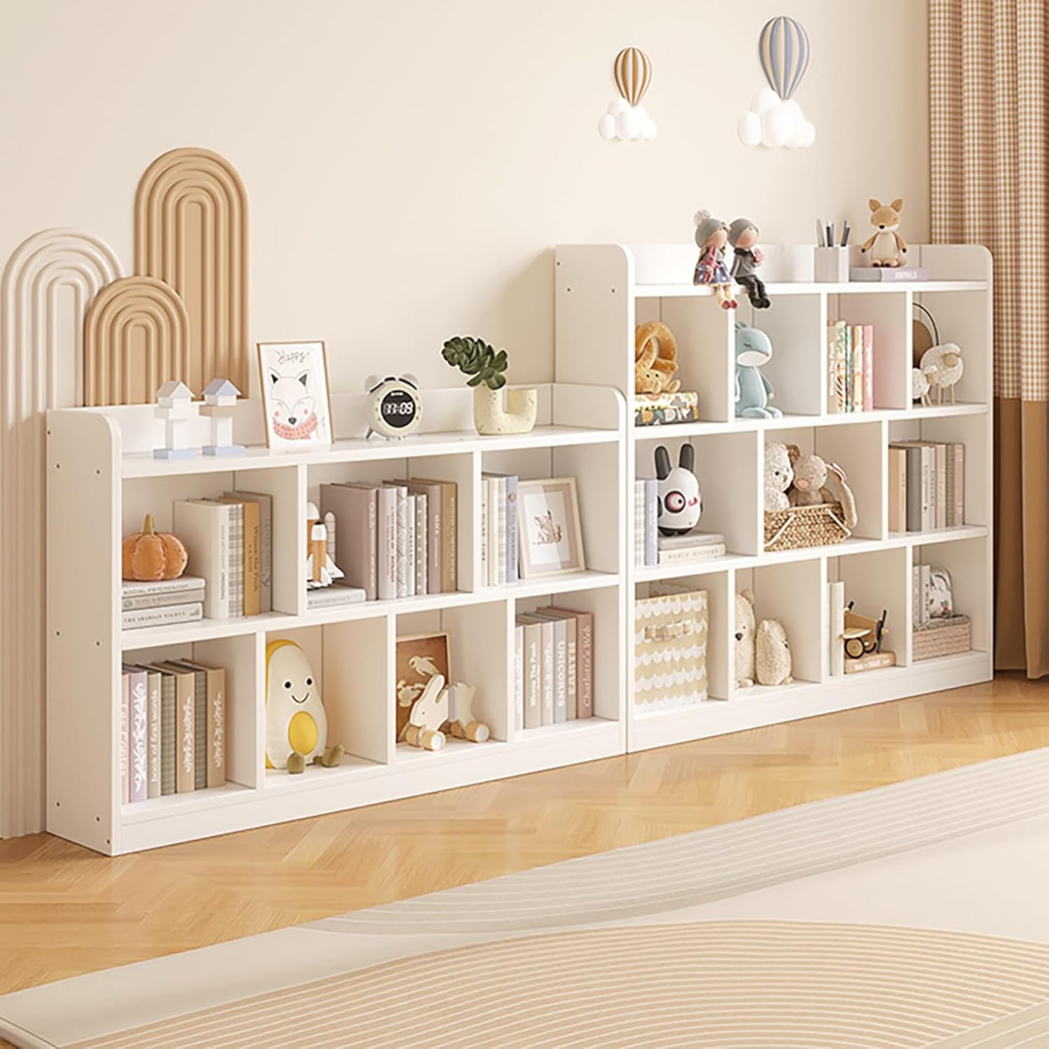 Short Bookshelf with Cabinet 2/3-Tier Geometric Bookcase, Modern Display Storage Shelves Kids Bookcase with Side Panels and Solid Wood Frame(White,100 * 24 * 86cm/39.4 * 9.4 * 34in)
