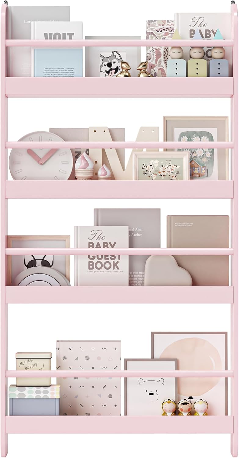 FOTOSOK Kids Bookshelf, Wall Mount 4-Tier Book Shelf Organizer for Toys and Books, Toy Storage Bookshelf in Bedroom, Living Room and Nursery, Pink