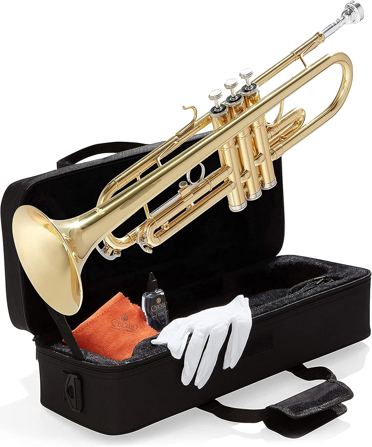 Mendini By Cecilio Bb Standard Trumpet Set for Beginners - Brass Student Trumpet Instrument with Hard Case, 7C Mouthpiece, Valve Oil, Cleaning Cloth, Gloves (Gold)