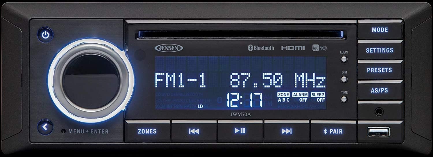 Jensen JWM70A DVD|USB|AUX|HDMI| App Ready Wallmount Stereo, Independent Volume Control, 3-Speaker Zone (8 Speakers), Bluetooth Audio (A2DP) & Controls (AVRCP), Compatible with iPod/iPhone (Renewed)