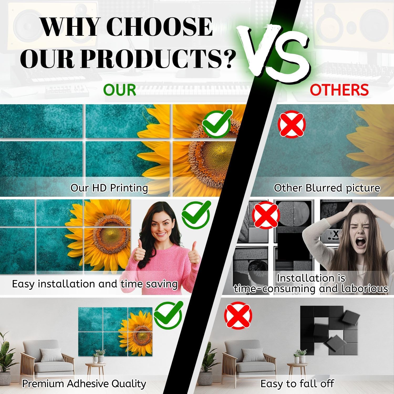 6 Pack Art Acoustic Panels Bright yellow sunflower blue green marble Sound Absorbing Panel 48