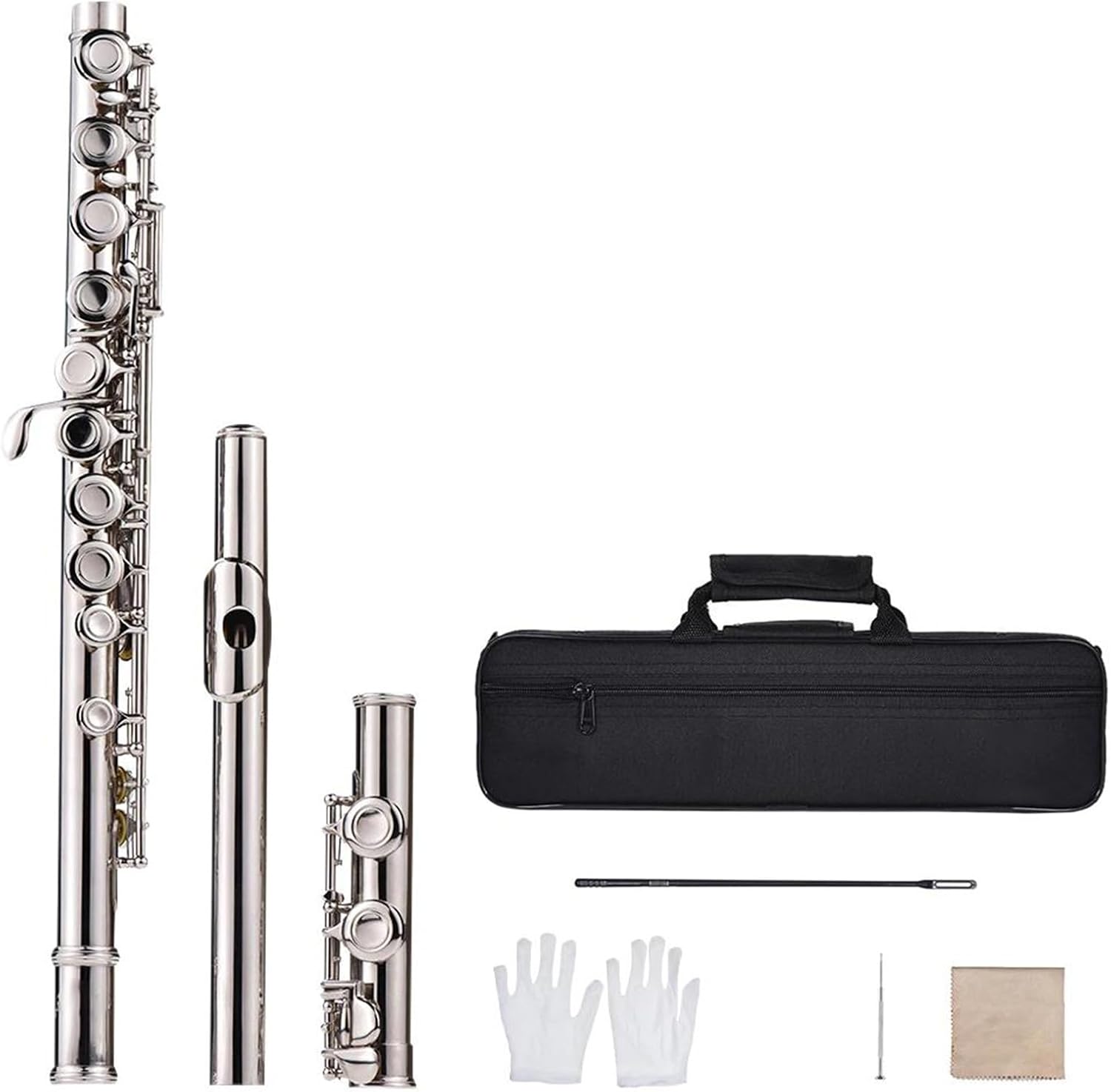 Cupronickel Nickel Plated 16 Holes C Key Concert Flute Woodwind Instrument with Padded Bag