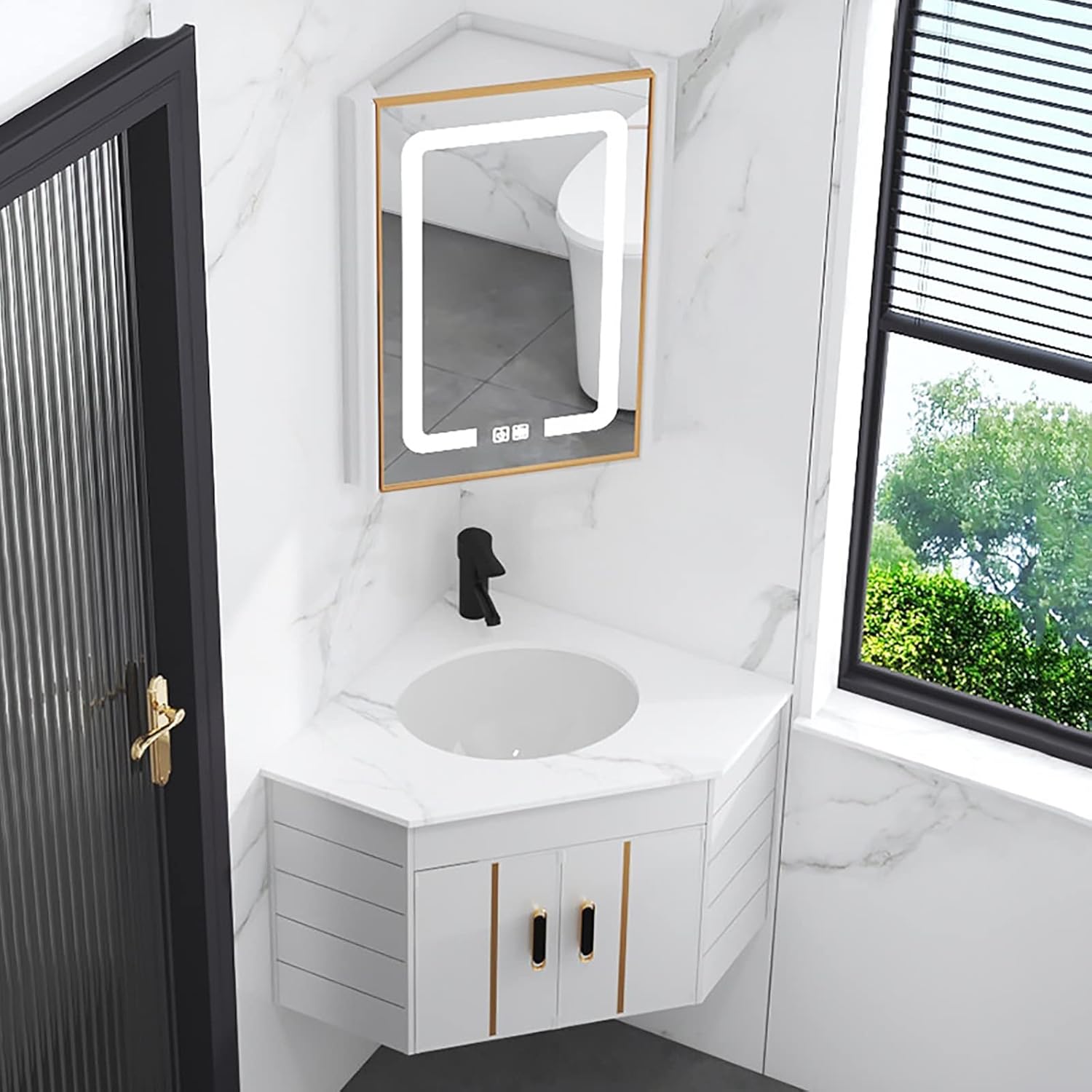 Corner Bathroom Vanity Sink Combo With Corner Mirror Cabinet, Anti-fog LED Mirror, Wall Mounted Cabinet Set For Small Space, Laundry Tub Sink Combo For Home Kitchen Patio Room ( Color : White , Size :