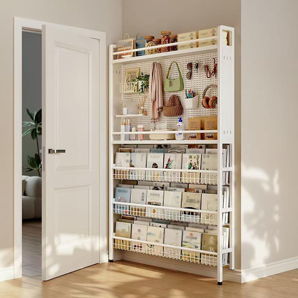 Narrow Behind Door Shelf Bookcase Multi-Purpose carbon steel material with DIY Pegboard Space-Saving Display Rack for Books Decor and Home Storage Solutions For Pantry Bedroom,52*12*188cm