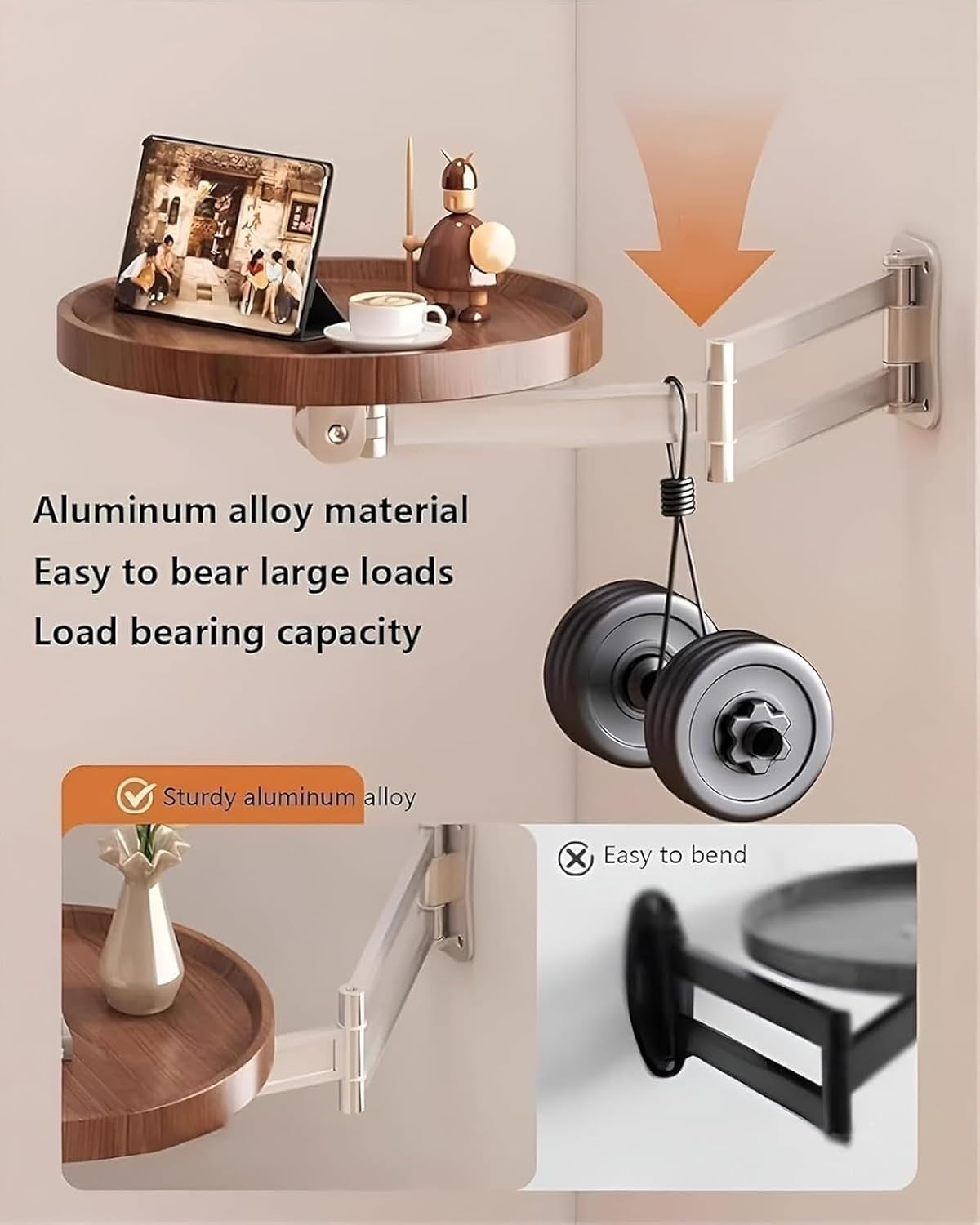 Wall Mounted Folding Round Table, Floating Small Round Table, Wall Mount Tray, with Retractable Shelf Wood Fold, Small Folding Desk(A)