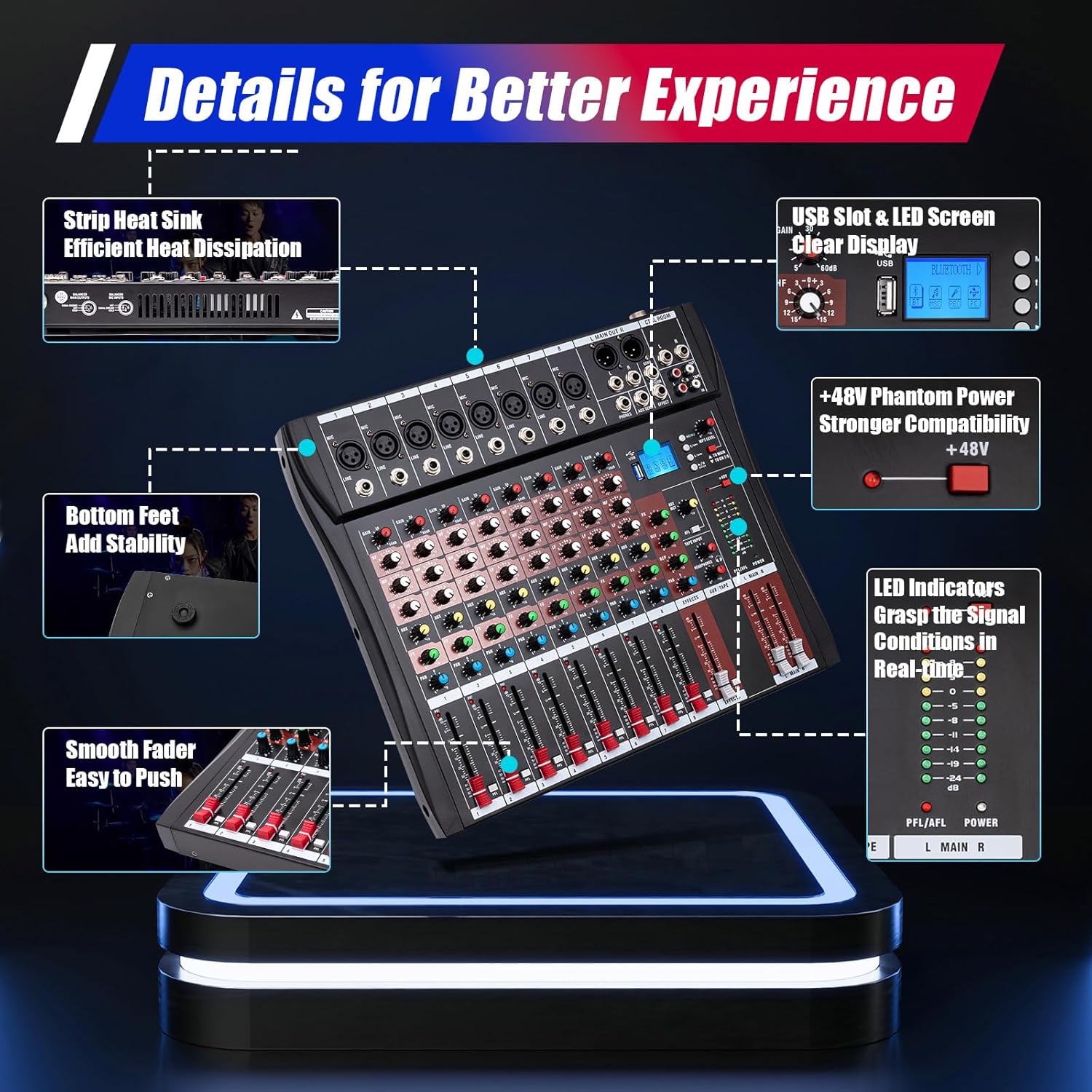 Professional Mixer Sound Board Console 8 Channel Bluetooth Live Studio Audio Mixer Bluetooth USB Interface Input Power Stereo DJ Power Mixer (8 Channel)