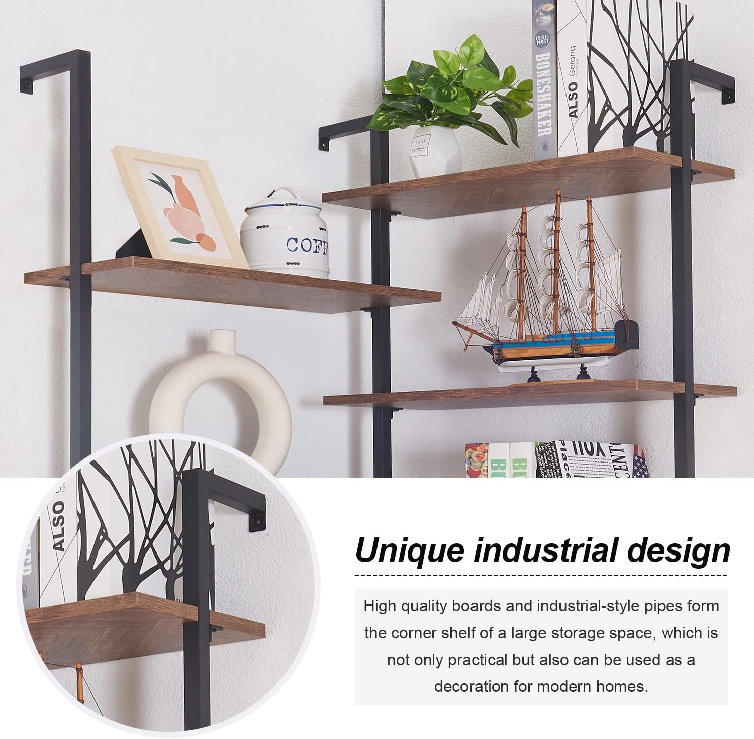 HOMISSUE Corner Bookshelf,12-Tier L Shaped Bookshelf, Double Wide Corner Wall Mount Bookcase with Metal Frame and Wood, Modern Industrial Corner Shelf for Living Room, Kitchen, Home Office Brown
