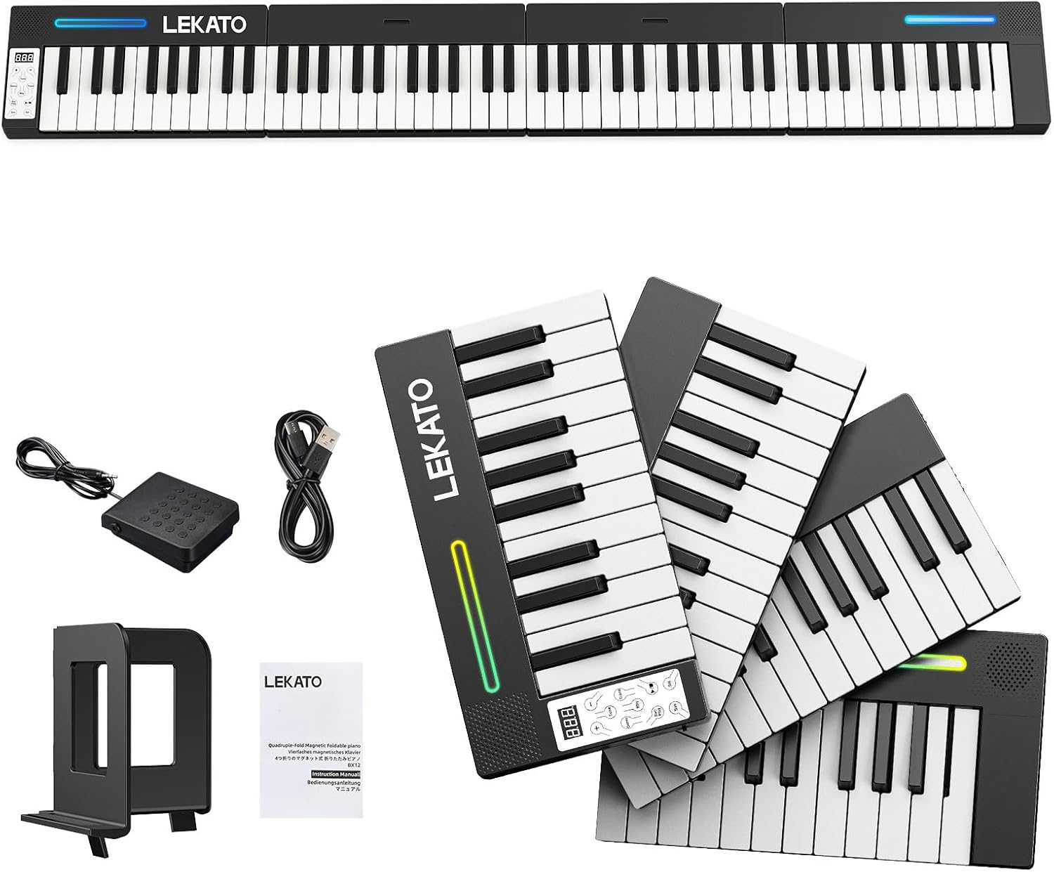 LEKATO Portable Piano Keyboard, 4 pcs Magnetic Electric Piano with Up to 88 Keys, 128 Tones, 128 Rhythm, 21 Demo, Split, Dual Tone, Record, Bluetooth MIDI, Headphone Jack, for Beginners Home Travel