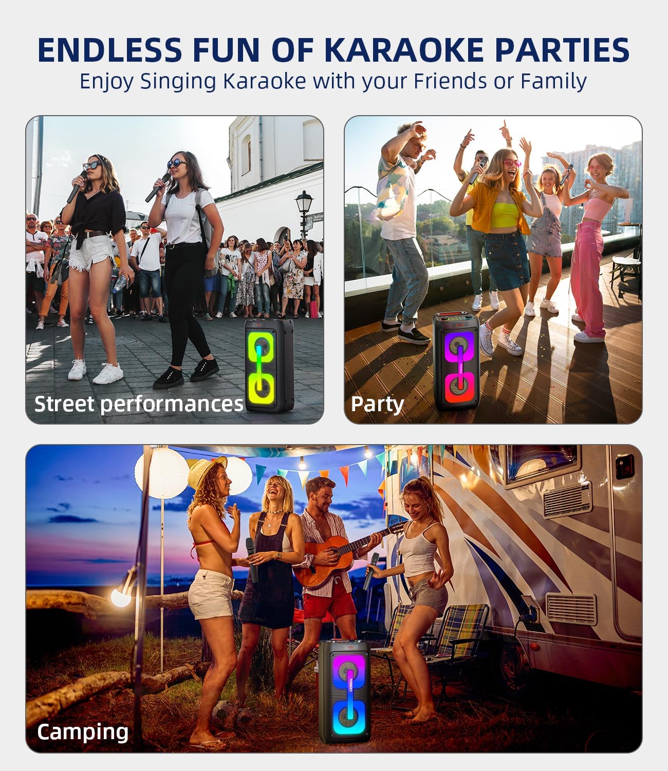 Karaoke Machine with 2 Wireless Microphones, Portable Speaker for Adults, 60W Powerful Sound, Bluetooth 5.3 & TWS Stereo, LED Lights, Supports Type-C/USB/TF/AUX for Home Party and Outdoor.