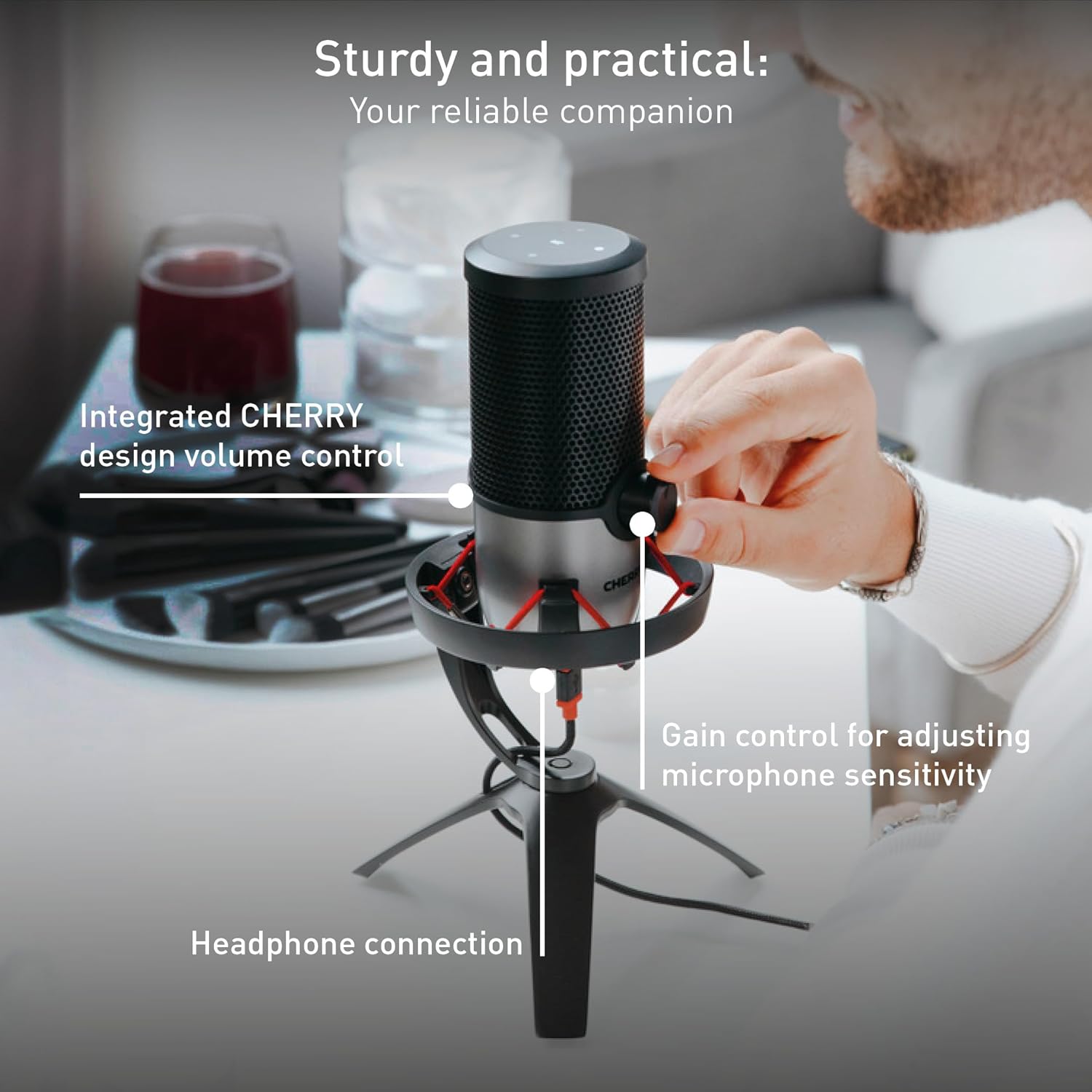 Cherry UM 6.0 Advanced, USB Microphone for Streaming, Podcasts, Home Office, 2 Directional Patterns, Shock-Mount, Compatible with PC/Mac/PS4/PS5, Silver/Black