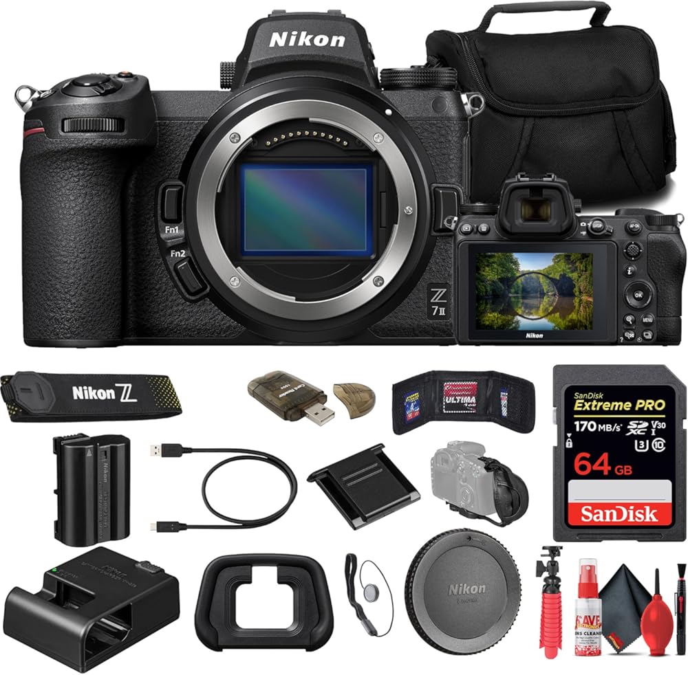 Nikon Z7 II Mirrorless Camera (1653) + 64GB Memory Card + Bag + Card Reader + Flex Tripod + Hand Strap + Memory Wallet + Cap Keeper + Cleaning Kit (Renewed)