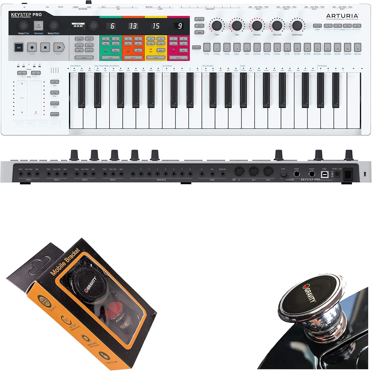 Arturia KeyStep Pro 37-Key USB/MIDI/CV Keyboard Controller and Sequencer, with Aftertouch, 4-Track Polyphonic Sequencer, and Metronome with Gravity Phone Holder Bundle