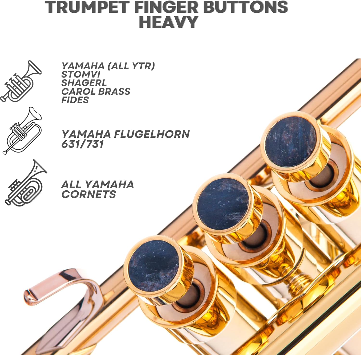 HEAVY Trumpet custom finger buttons for all Yamha (All YTR), Stomvi, Shagerl, Carol Brass and Fides Trumpets, Yamaha flugelhorn 631/731, Yamaha cornet models (Raw Brass, Lapis Lazuli)