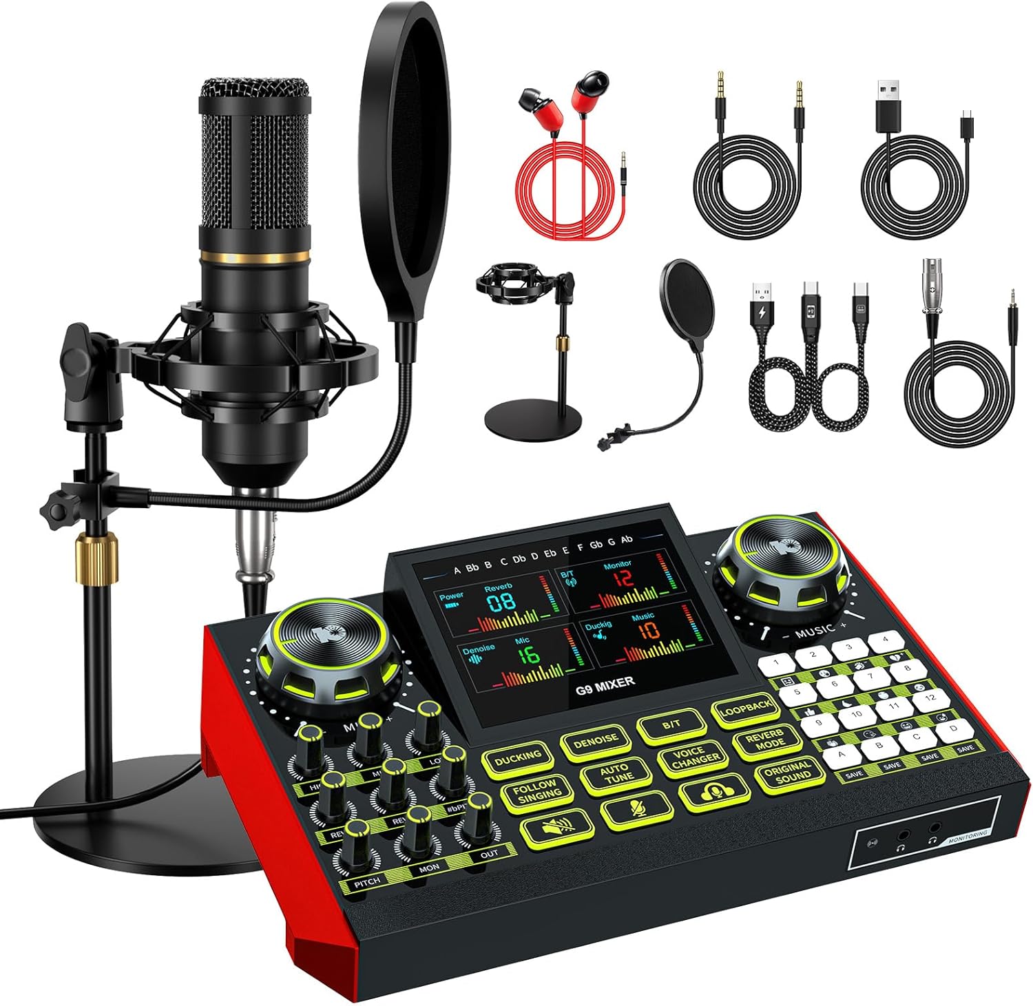 G9 Podcast Microphone Bundle with Live Sound Card Audio Mixer, Podcast Equipment Bundle Sound Board with 3.5mm Condenser Microphone for Pc/Phone Live Streaming Singing Gaming,Voice Changer, Denoise