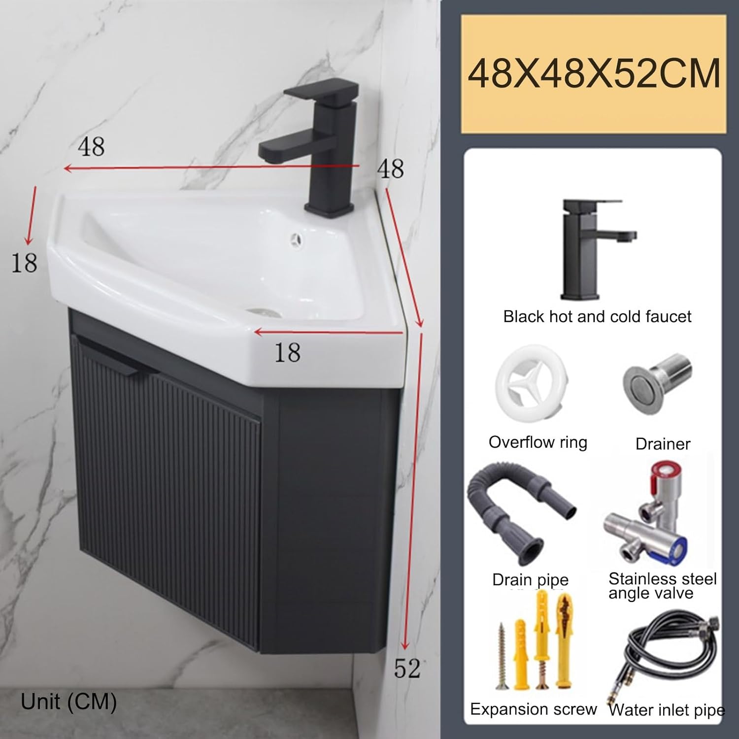 Small Wall Mount Corner Sink,Bathroom Triangle Wall Mounted Ceramic Wash Basin,Vanity Sink Wall Hung Floating Porcelain with Hot and cold Faucet Hole and Overflow for Small Space Outdoor and Indoor(48