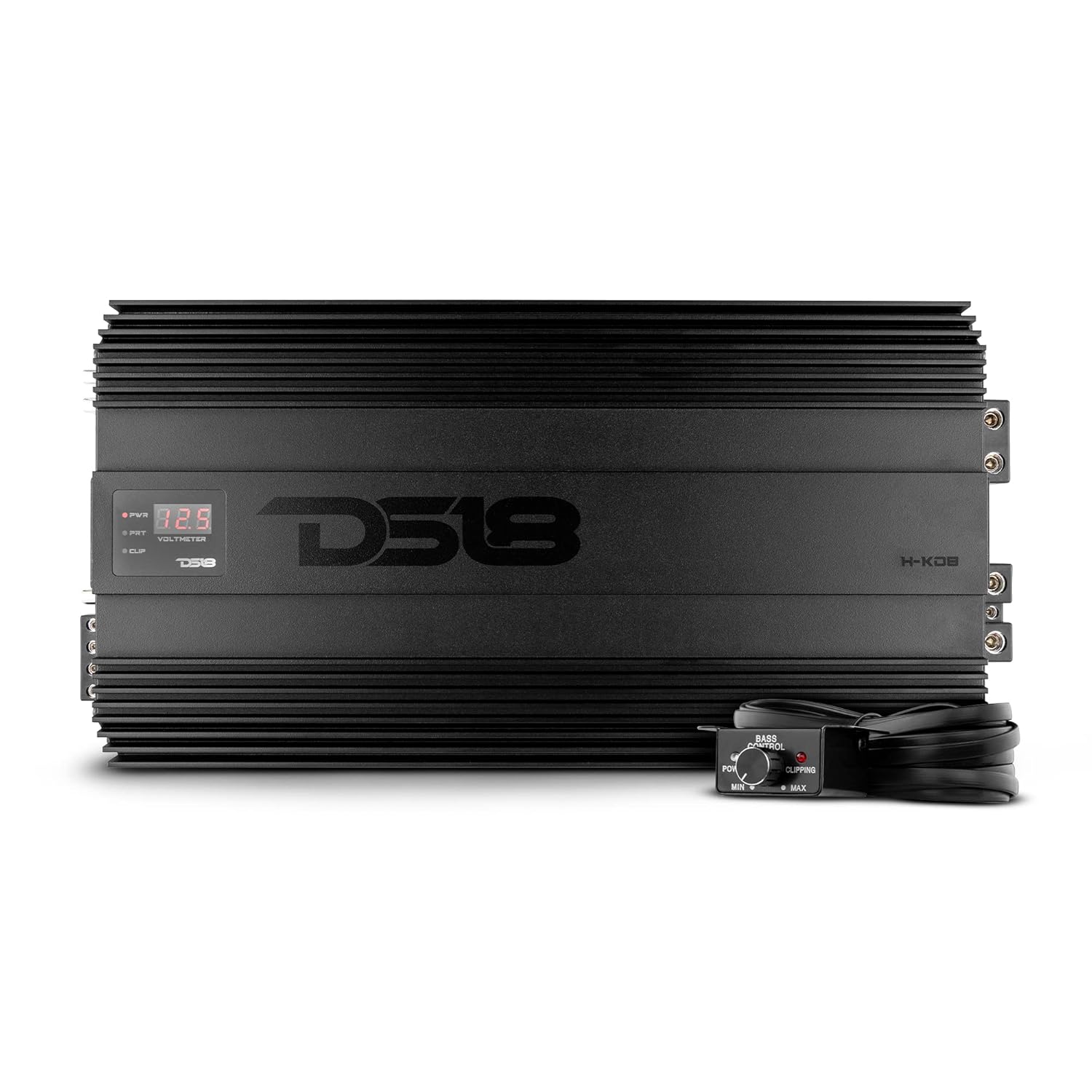 DS18 H-KO8 Korean Half Bridge 1-Channel Monoblock Car Audio Amplifier with Voltmeter and Clip Indicator, 8000 Watts Rms - Remote BASS Knob Included