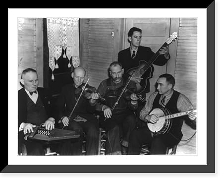 Historic Framed Print, [Bog Trotters Band members seated with instruments, Galax, Va. Includes Doc Davis, with autoharp; Crockett Ward, with fiddle; Uncle Alex Dunford, with fiddle; Wade Ward, with banjo; Fields Ward, with guitar], 17-7/8