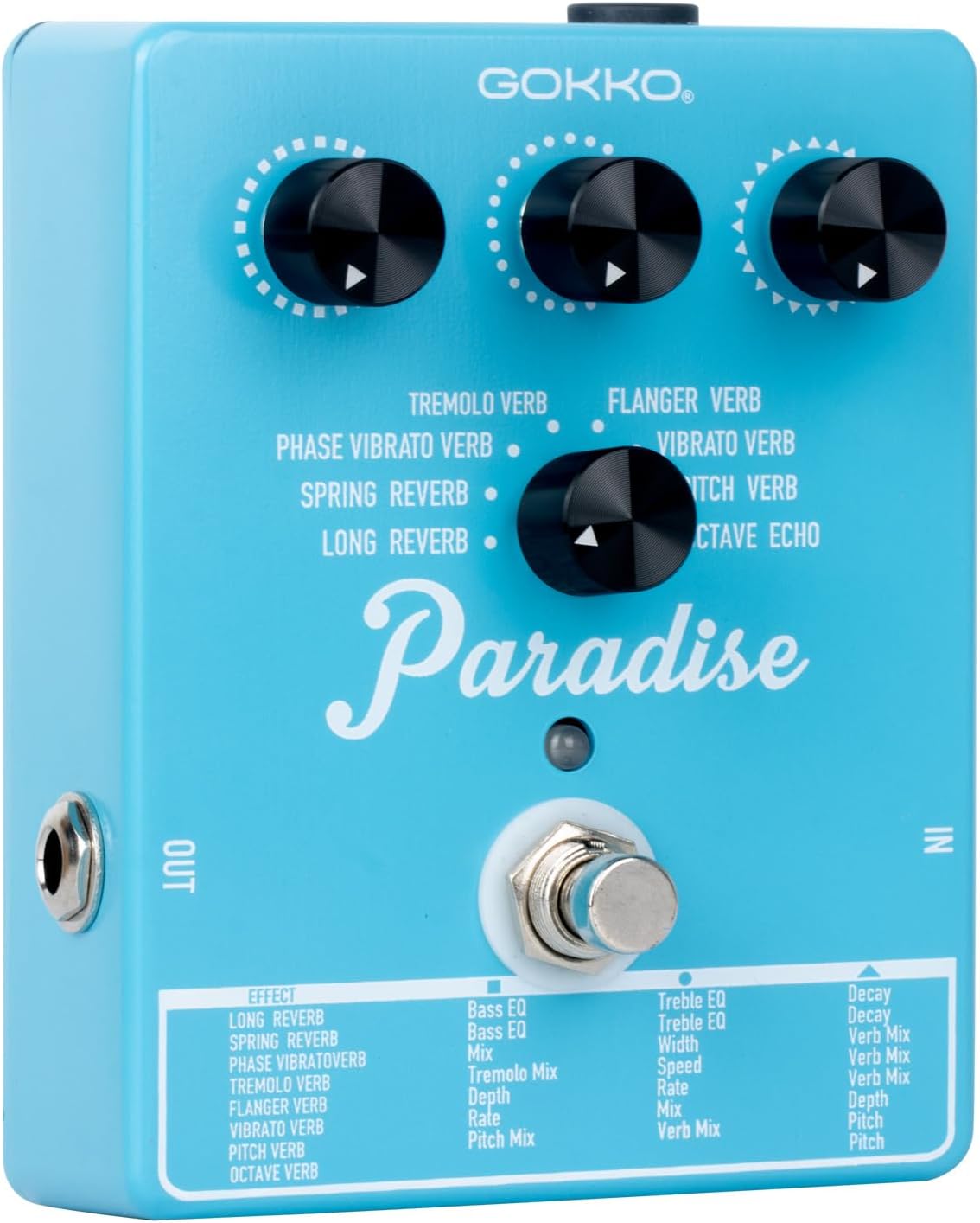 Paradise Multi-Reverb Pedal - 8 Reverb Effects with EQ & Modulation Controls | Versatile Sound Shaping for Guitar & Bass | 9V DC Power Supply