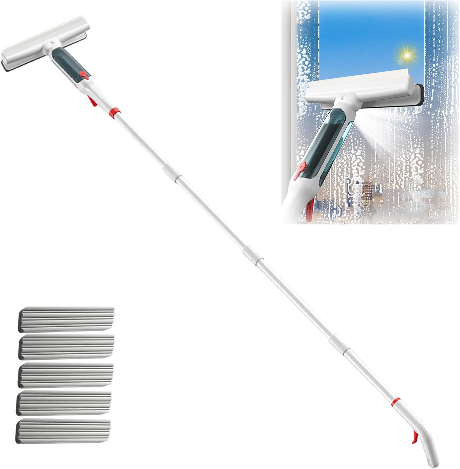 75'' Spray Window Squeegee for Home with 4-Section Extension Pole, 4 in 1 Professional Window Cleaning Kit Window Squeegee for Home with Sewage Collector and 5 Pads