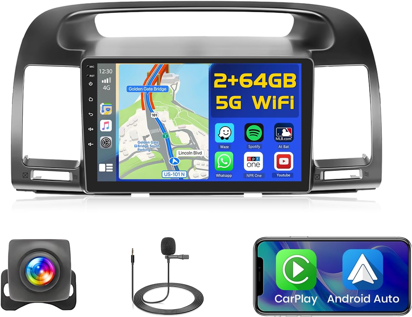 【2+64GB】 Radio for Toyota Camry Car Stereo 2000-2006 Android Car Stereo with Wireless Carplay Android Auto, 9'' Touch Screen Radio GPS WiFi, Bluetooth SWC Mic Backup Camera Mirror Link