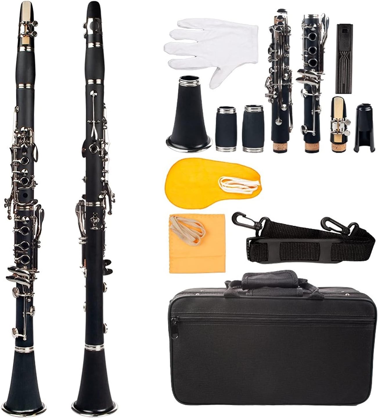 Standard Clarinet Black ABS Clarinet Bb Cupronickel Nickel Plated 17 Keys with Cleaning Cloth Gloves Woodwind Instrument Beginner Clarinet