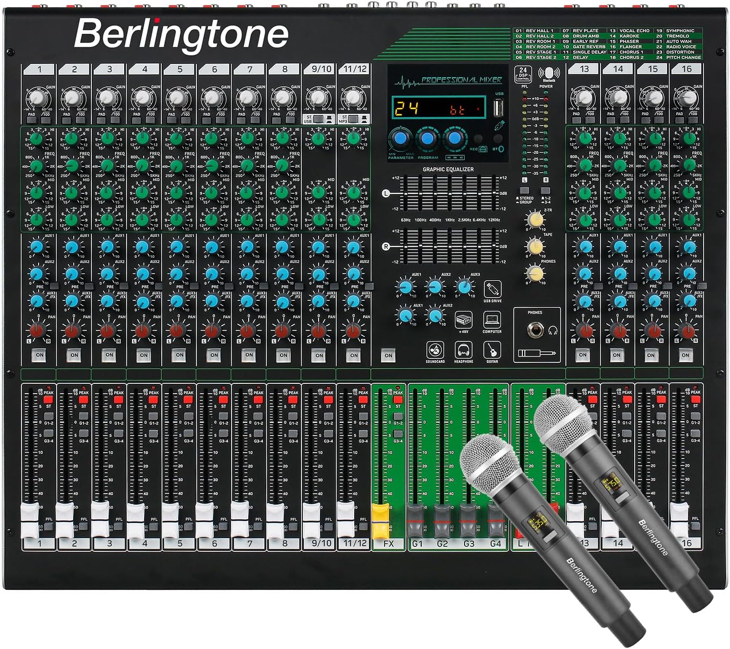 16-Channel Professional Bluetooth Audio Mixer with USB, PC Recording, 24 DSP Effects, 48V Phantom Power, 14 Mic Jack, 2 Stereo Input Soundboard,14 band EQ, RCA Input/Output (BR-216MX)
