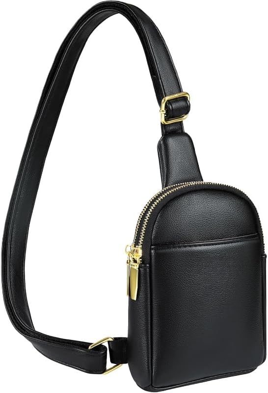 Waterproof Leather Sling Bag for Men, Small Anti-Theft Crossbody Fanny Pack with 3 Pockets and Adjustable Strap (Black)