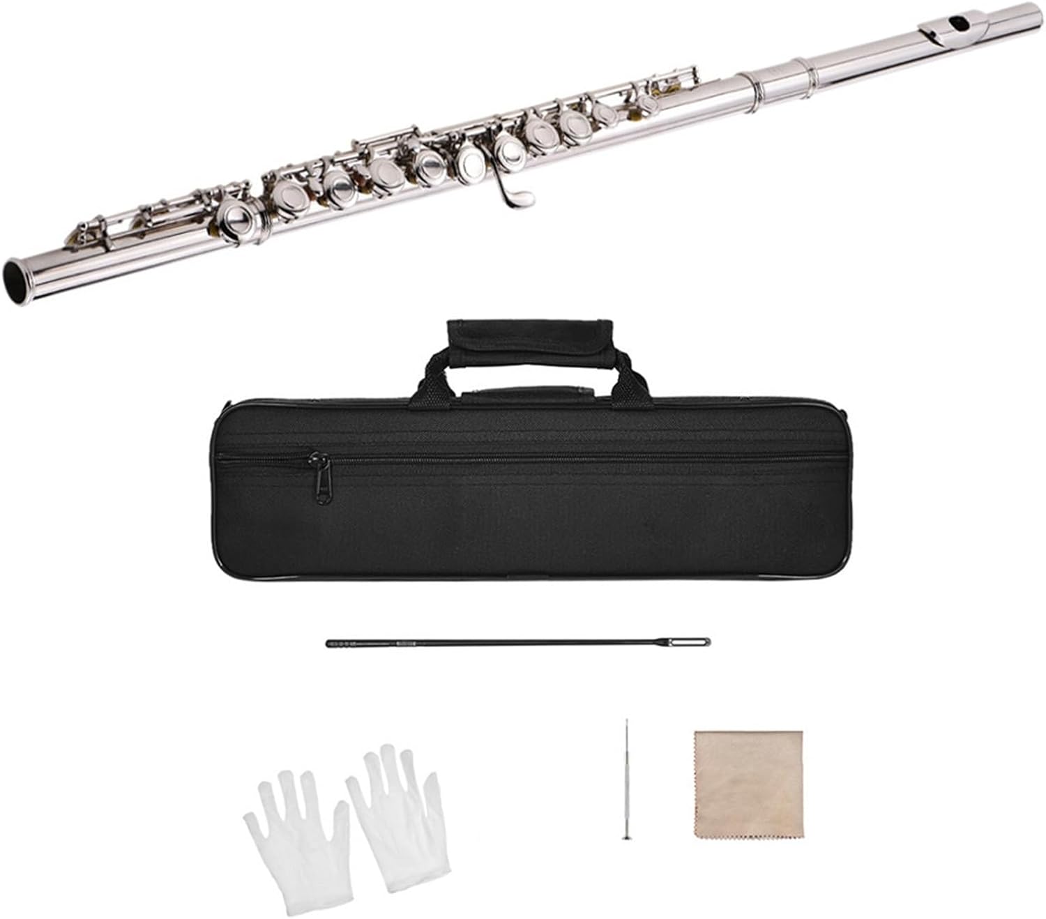 Flute Silver-Plated Flute with 16 Holes C Key White Brass Woodwind Instrument with Cloth Stick Bag Flutes Musical Instruments