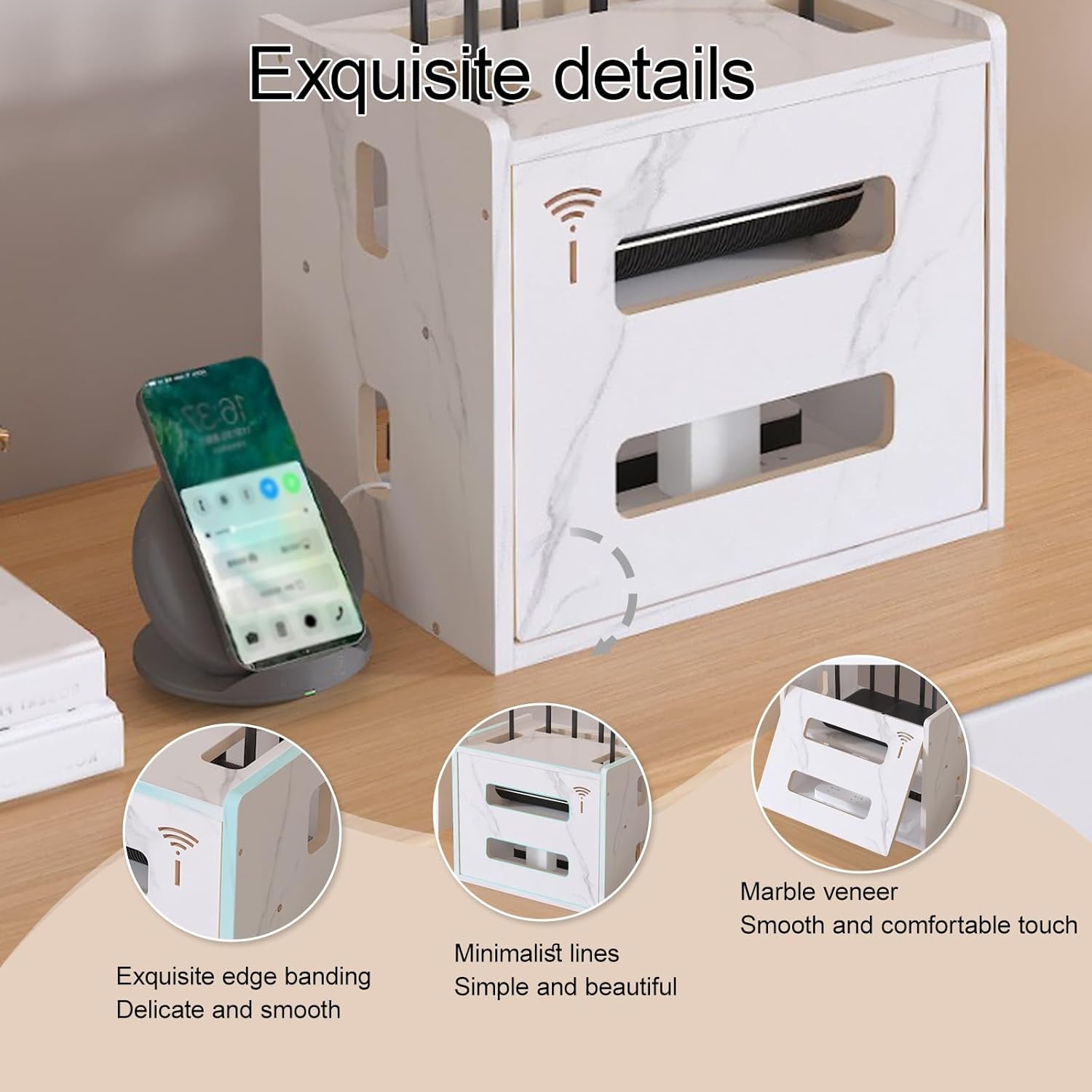 WiFi Router Hidden Box, WiFi Router Storage Cabinet, Large Space Modem Cable Organizer, Power Strip and Cable Management Hider Organizer for Home and Office(Wood Color)