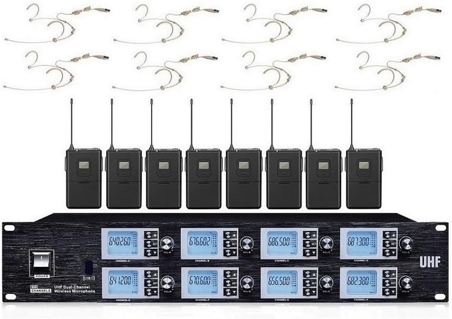 Bolymic 8800 Church Wireless Headset Microphone System 8 x 100 Channels UHF Mic Professional Beige Headset Wireless Condenser Microphone for School Stage Theater
