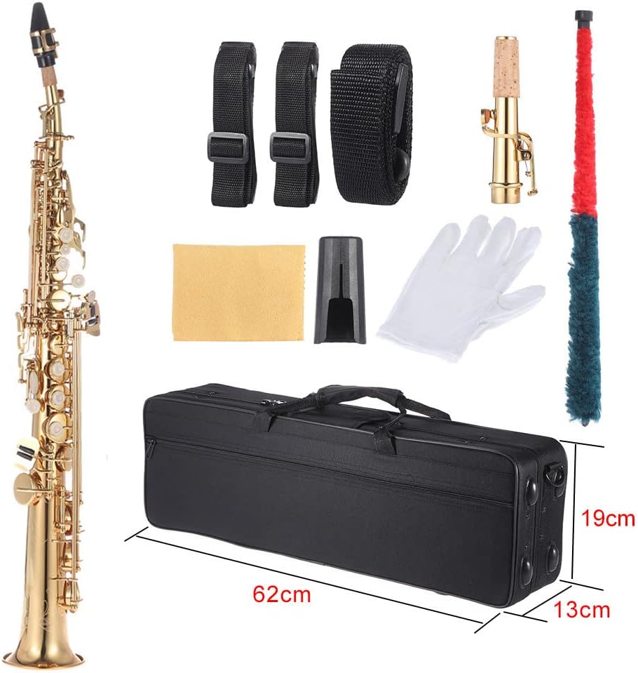 Brass Straight Soprano Sax Saxophone Bb B Flat Woodwind Instrument Natural Shell Key Carve Pattern with Carrying Case Gloves Cleaning Cloth Straps Cleaning Rod