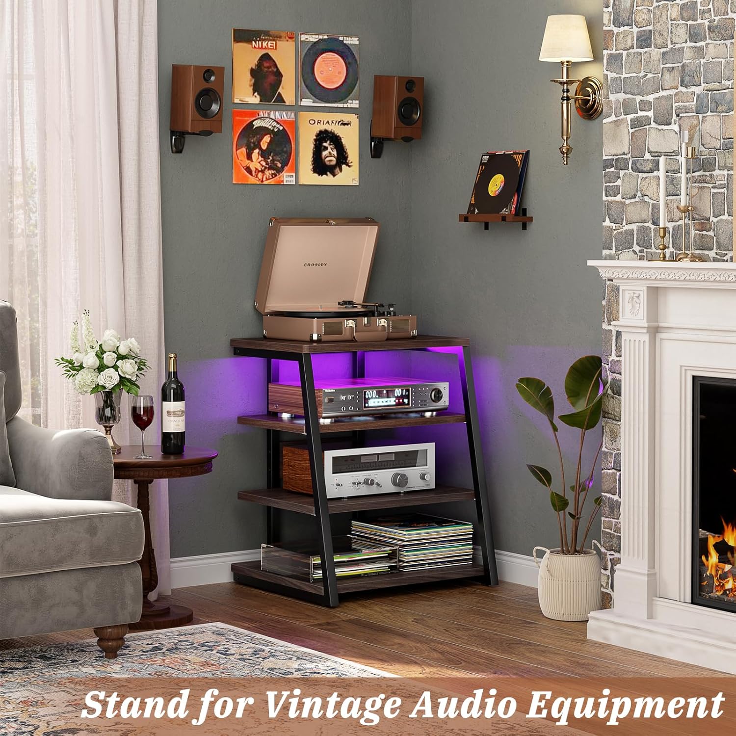 Armocity 4-Tier AV Media Stand with Power Strips, Corner TV Stand with LED Lights, Rack Audio Tower with Adjustable Shelves, Corner Entertainment Center, 30'', Black Walnut