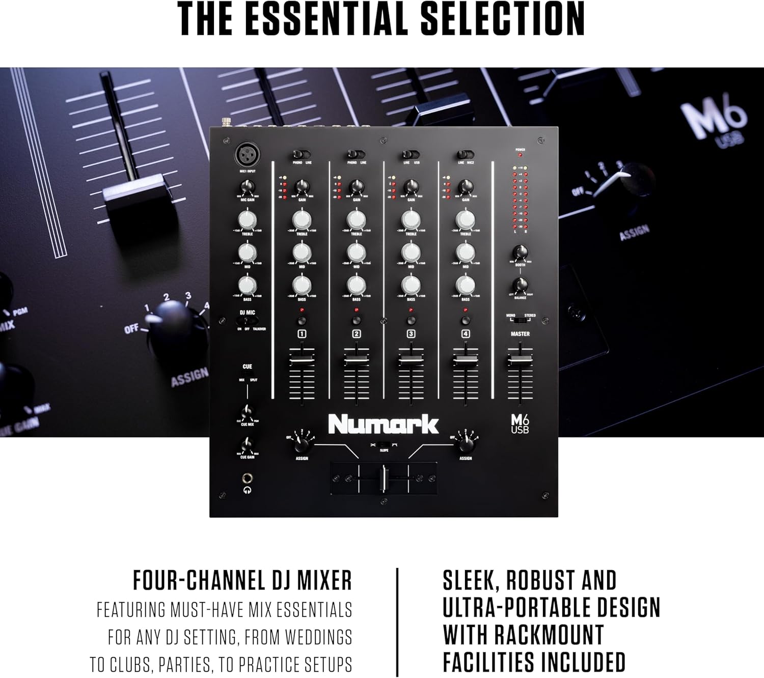 Numark M6 USB - 4-Channel DJ Mixer with Built-In Audio Interface, 3-Band EQ, Microphone Input and Replaceable Crossfader with Slope Control