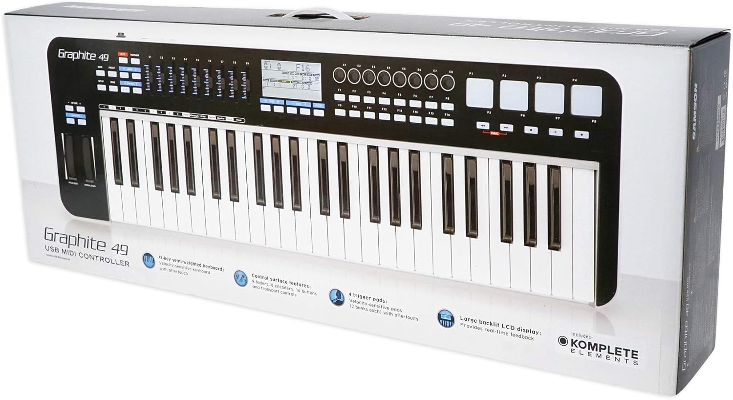 Samson Graphite 49 Key USB MIDI DJ Keyboard Controller w/Aftertouch/Fader/Pads Bundle with RockvilIe RKS30X Double X Braced Keyboard Stand w Push Button Lock Mechanism!