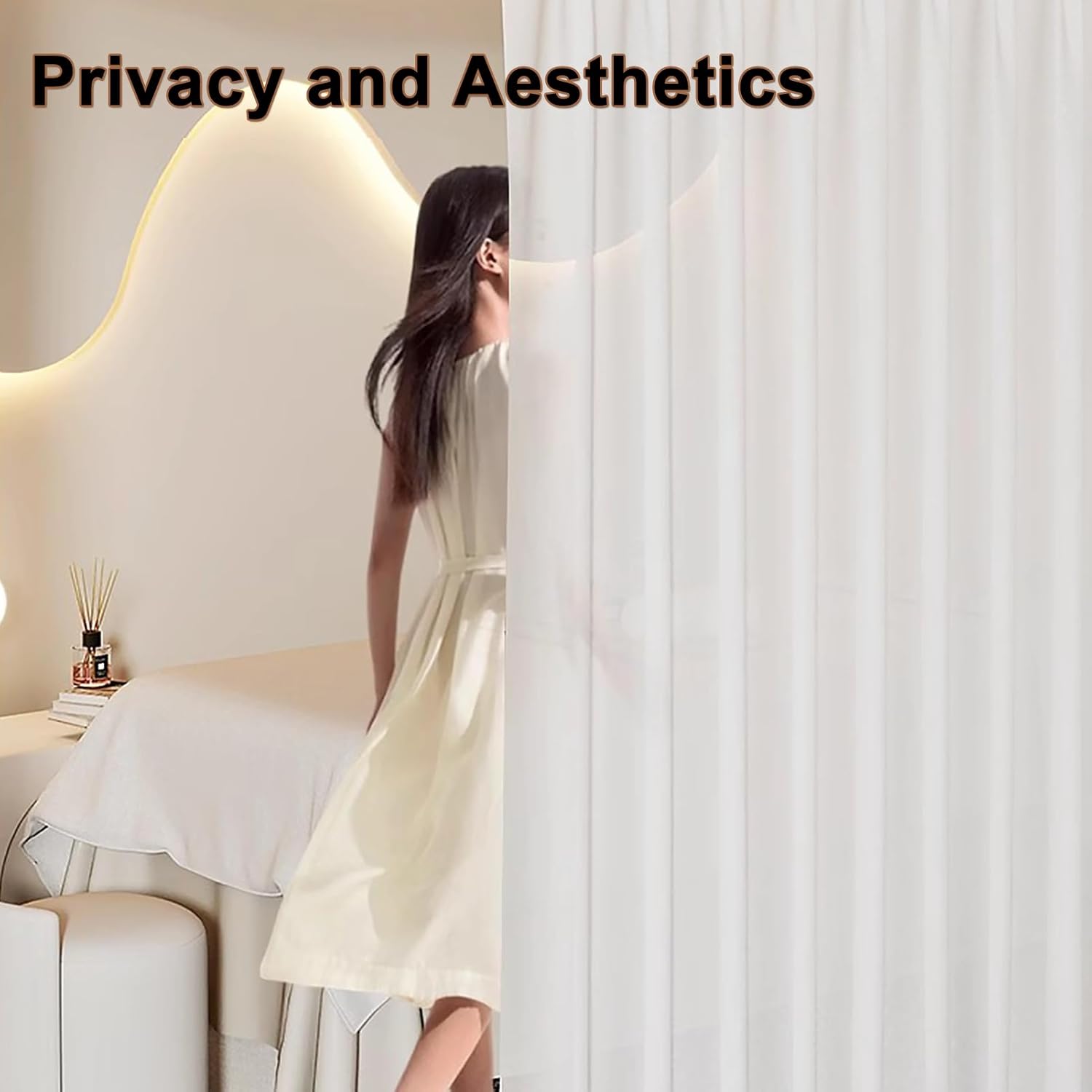 L-Shaped Room Divider Curtain, 90x47in Corner Sheer Voile Privacy Screen for Beauty Salon, Studio Apartment, Bedroom Partition, Decorative Wall Mount Privacy Curtains with Metal Rods (White)