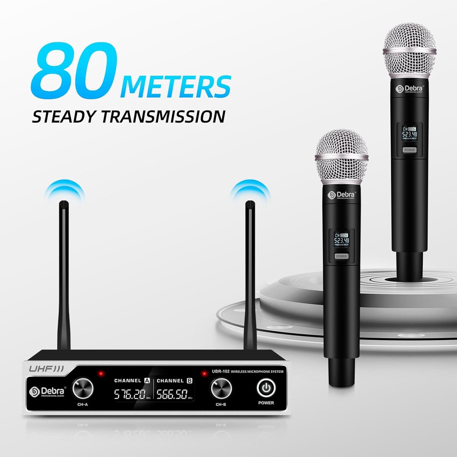 D Debra Wireless Microphone System UHF UBR-102 with Cordless Handheld Lavalier Headset Mics, 260ft Range, Suitable for Church, Lectures, Karaoke, Weddings, DJ, and Bars(2 Handheld)